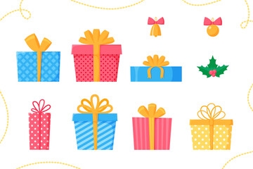 Gift boxes set. Presents and packages with ribbons and bows. Christmas decor, beads, ball, bell, holly collection. Flat vector
