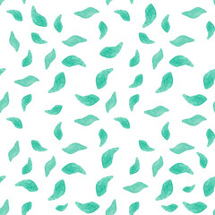 Seamless pattern with hand-drawn watercolor green leaves on white. Abstract background. Organic, natural, freshness concept for textile, print, etc.