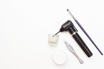 Obraz premium flatley. Eyebrow design. Painting with henna, paint. Eyebrow materials on a white background.