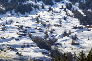 Grindelwald village and farm houses at the feet of the Swiss Alps peak Eiger at early winter season