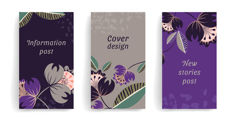 Set of luxury vector cover. Wedding Invitation, floral template, congratulationsaturated violet and gray color. Design for packaging, social media post, postcards, banner