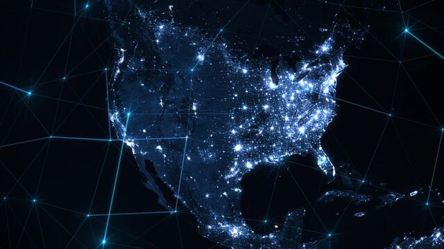Digital Grid Over Planet Earth at Night. Global Computer Network  North America, United States. Futuristic Technology, Internet Of Things, Satellite Signals, Telecommunications.