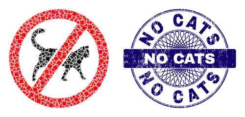 Geometric collage no cats, and No Cats grunge stamp. Violet stamp seal includes No Cats title inside circle shape. Vector no cats collage is composed from scattered spheric, triangle, square elements.