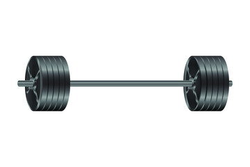  realistic fitness vector front view of an olympic barbell with black iron plates isolated on white background.