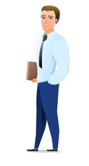 Successful businessman. Cheerful persons in standing pose. Man in business shirt and tie. Cartoon comic style flat design. Separate character. Illustration isolated on white background. Vector