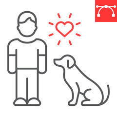 Animals help line icon, pet and volunteering, man and dog vector icon, vector graphics, editable stroke outline sign, eps 10.