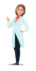 Optimistic woman doctor in dressing gown. Cheerful persons in standing pose. Cartoon comic style flat design. Separate girl character. Illustration isolated on white background. Vector
