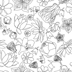 Seamless floral pattern in digital vector doodle technique isolated on white 