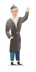 Man in winter clothes. Sheepskin coat and warm hat. Guy in winter. Cheerful person. Standing pose. Cartoon comic style flat design. Single character. Illustration isolated on white background. Vector