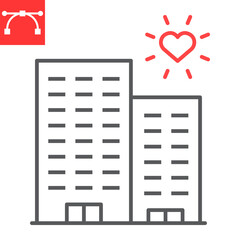Volunteering center line icon, city and town, residential building vector icon, vector graphics, editable stroke outline sign, eps 10.