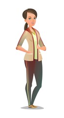 Woman in tracksuit. Girl got ready for sports activities. Cheerful person. Standing pose. Cartoon comic style flat design. Single character. Illustration isolated on white background. Vector