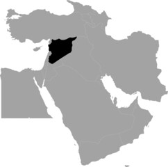 Black Map of Syria inside the gray map of Middle East region of Asia