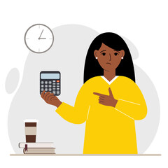 A sad woman holds a digital calculator in his hand and gestures, pointing with the finger of his other hand to the calculator.