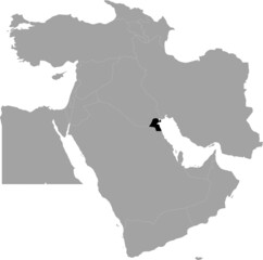 Black Map of Kuwait inside the gray map of Middle East region of Asia