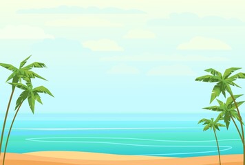 Fototapeta na wymiar Sea beach. Summer seascape. Far away is the ocean horizon. Mild wet weather. Calm weather. Flat style illustration. Vector.