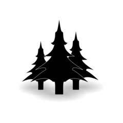 Silhouettes of three Christmas trees in a clearing on a white background.