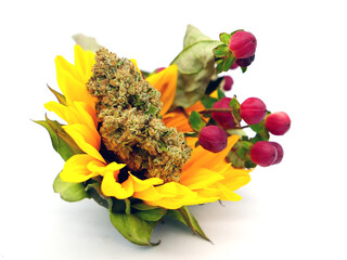 Cannabis Flowers Sunflower Spring Bright Yellow with marijuana bud