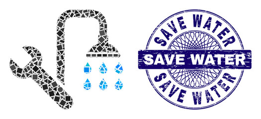 Geometric mosaic plumbing, and Save Water corroded stamp seal. Blue seal contains Save Water tag inside round form. Vector plumbing mosaic is made with scattered round, triangle, square elements.