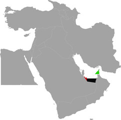 Map of United Arab Emirates with national flag inside the gray map of Middle East region of Asia