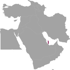 Map of Qatar with national flag inside the gray map of Middle East region of Asia