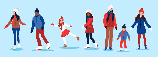 Set of People ice skating on a winter ice rink.  Vector illustration.