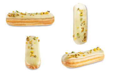 Pistachio eclairs on a white isolated background