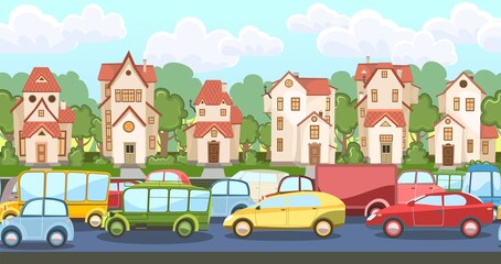 Naklejka premium Heavy traffic on road. Seamless horizontal cartoon illustration. Asphalt path. Summer town landscape. Different cars in comic style. Vector
