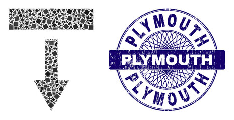 Geometric mosaic pull down, and Plymouth grunge stamp seal. Violet stamp seal has Plymouth text inside round form. Vector pull down mosaic is formed from random round, triangle, rectangular items.