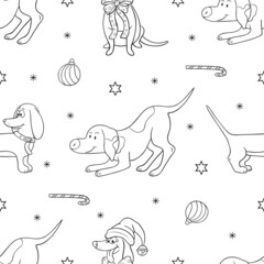 Vector winter holiday seamless pattern with dogs and balls on a white background