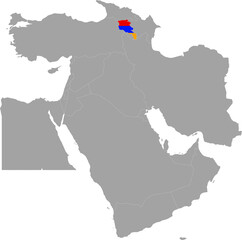 Obraz premium Map of Armenia with national flag inside the gray map of Middle East region of Asia