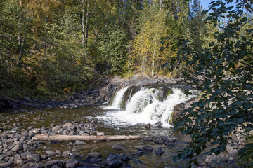 Fototapeta na wymiar Autumn landscape with a waterfall on the Oster river in Karelia. The forest borders the shores