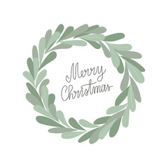 Simple vector illustration with simple stylish green wreath for greeting card, post, banner, web. Hand drawn lettering Merry Christmas.