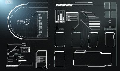 Futuristic Vector HUD Interface Screen Design. Digital callouts titles. HUD UI GUI futuristic user interface screen elements set. High tech screen for video game. Sci-fi concept design.