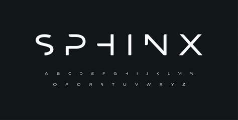 Futuristic font with minimalistic letter design for technology and innovation, digital interfaces and spaceships. Vector typography