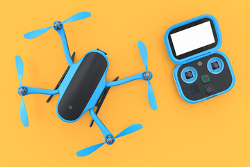 Photo and video drone or quad copter with action camera and remote on yellow