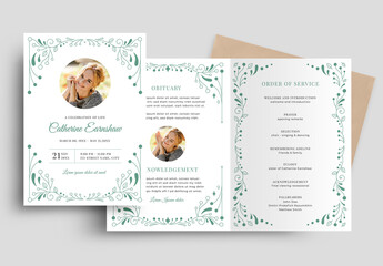 Modern Simple Funeral Program Memorial Service Obituary Layout with Green Filigree