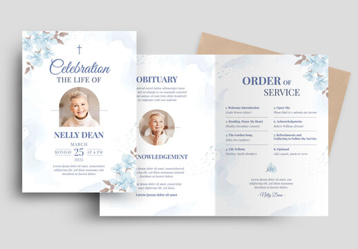 Funeral Program Memorial Service Obituary Layout with Blue Watercolor Floral Flowers