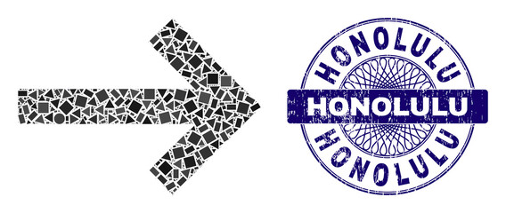 Geometric mosaic right arrow, and Honolulu dirty stamp seal. Violet stamp contains Honolulu text inside circle form. Vector right arrow mosaic is composed from randomized circle, triangle,