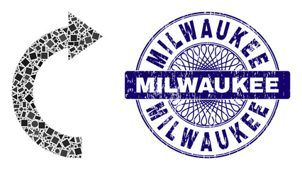 Geometric collage rotate right, and Milwaukee unclean stamp seal. Blue stamp seal contains Milwaukee caption inside circle form. Vector rotate right collage is organized from scattered round,
