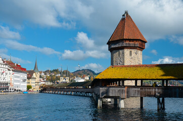 View of the iconic Chapel Bridge, in Lucerne, Switzerland