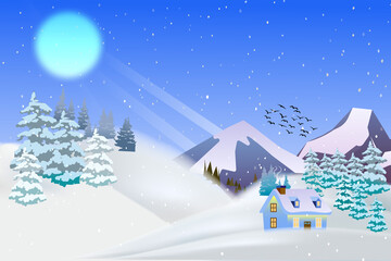 Fototapeta na wymiar Winter landscape, snowy mountains, with house in the foreground with fireplace. Snowflakes 