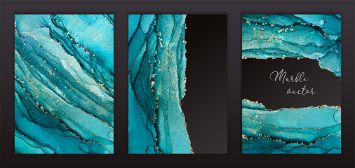 Marble Modern texture in blue color. Alcohol ink splash with isolated gold foil dots. Trendy poster design. Liquid flow art