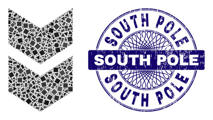 Fototapeta premium Geometric mosaic shift down, and South Pole rubber stamp seal. Violet stamp seal has South Pole tag inside round shape. Vector shift down collage is formed with random round, triangle, rectangle dots.