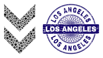 Geometric collage shift down, and Los Angeles textured seal. Blue seal contains Los Angeles title inside round form. Vector shift down collage is formed of scattered round, triangle,