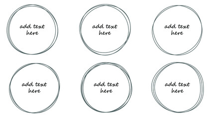 Vector set of six black hand drawn circle frames with copy space for text. Design templates for social media graphics.