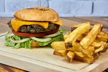burger with Cheese and lettuce with fries, vegetarian and meat
