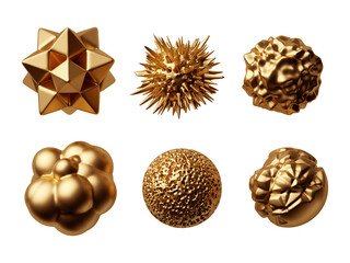 3d render, simple geometric shapes, primitives and abstract objects. Collection of golden design elements, isolated on white background