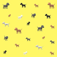 3D illustration. Colorful silhouettes of various sizes puppies on yellow background. Wrapping or gift paper design.