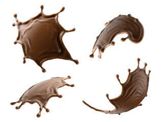 3d render, chocolate splash assorted shape collection, cacao drink or coffee, splashing cooking ingredient. Abstract brown liquid clip art set isolated on white background