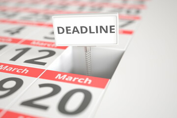DEADLINE plate on March 13 in a calendar, 3d rendering
